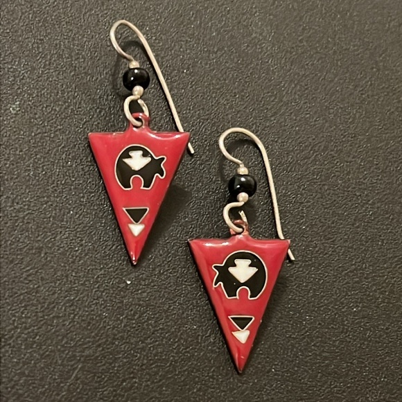 Vintage Navajo Sterling Silver Red Enamel Zuni Bear Drop Earrings - Picture 4 of 5